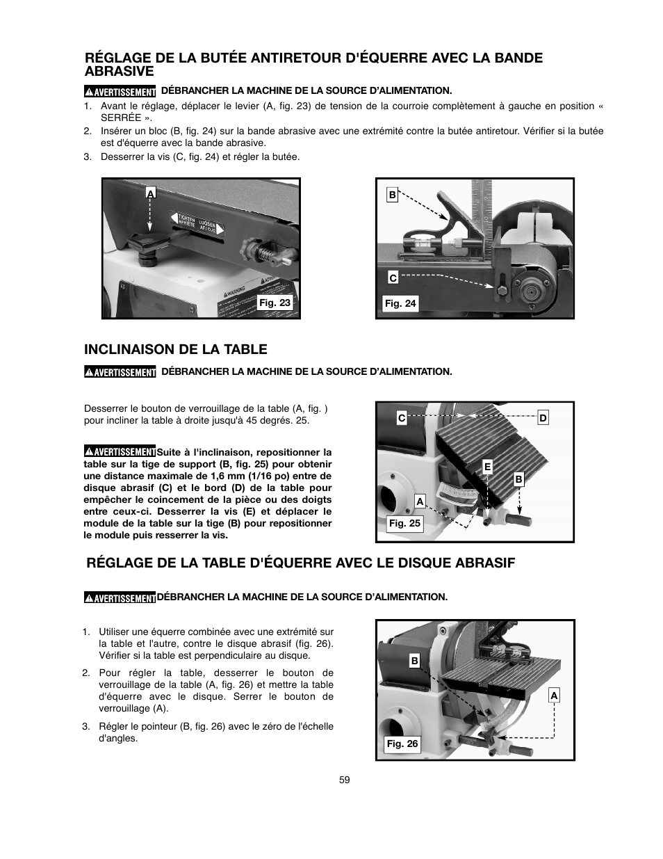 Inclinaison de la table | Delta ShopMaster SM500 User Manual | Page 59 / 68