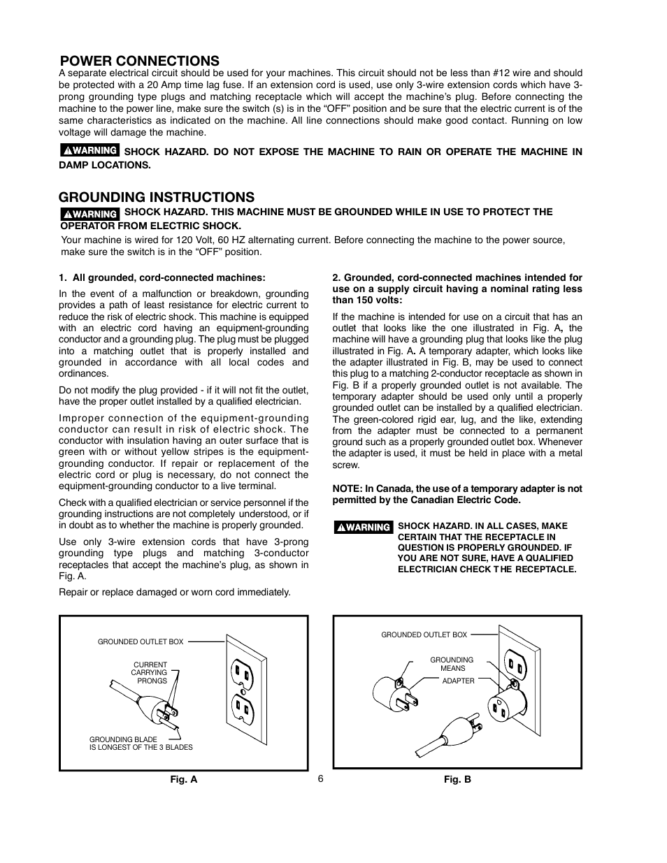 Power connections, Grounding instructions | Delta ShopMaster SM500 User Manual | Page 6 / 68