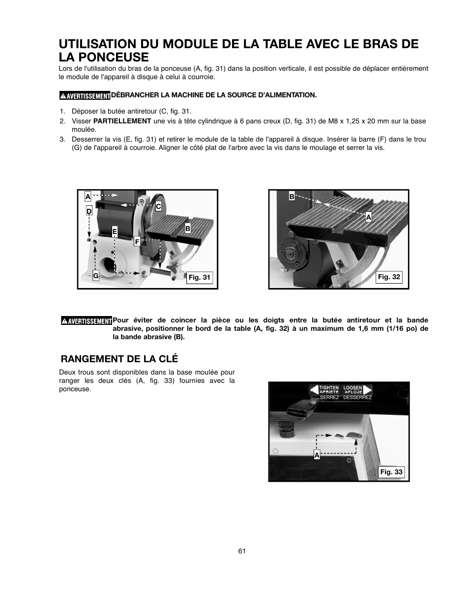 Rangement de la clé | Delta ShopMaster SM500 User Manual | Page 61 / 68