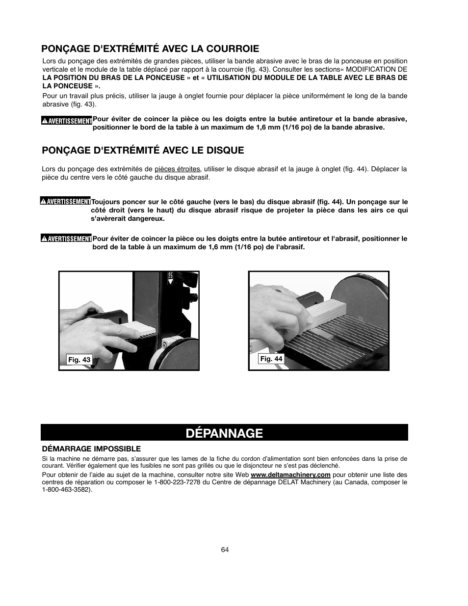 Ponçage d'extrémité avec la courroie, Ponçage d'extrémité avec le disque | Delta ShopMaster SM500 User Manual | Page 64 / 68