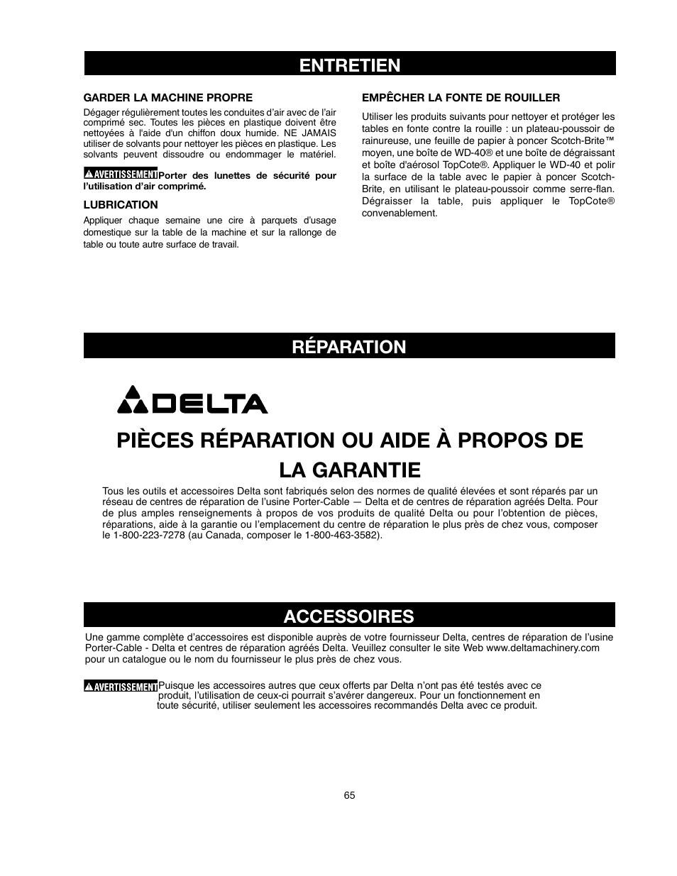 Pièces réparation ou aide à propos de la garantie, Accessoires, R é pa r at i o n | Delta ShopMaster SM500 User Manual | Page 65 / 68