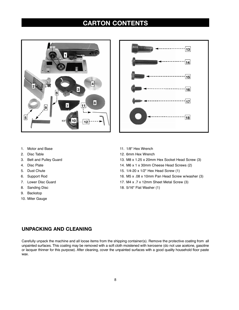 C a rton contents, U n packing and cleaning | Delta ShopMaster SM500 User Manual | Page 8 / 68