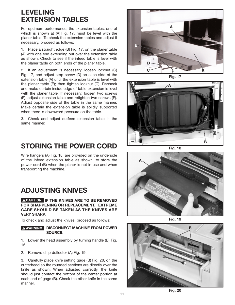 Leveling extension tables, Storing the power cord, Adjusting knives | Delta TP300 User Manual | Page 11 / 17