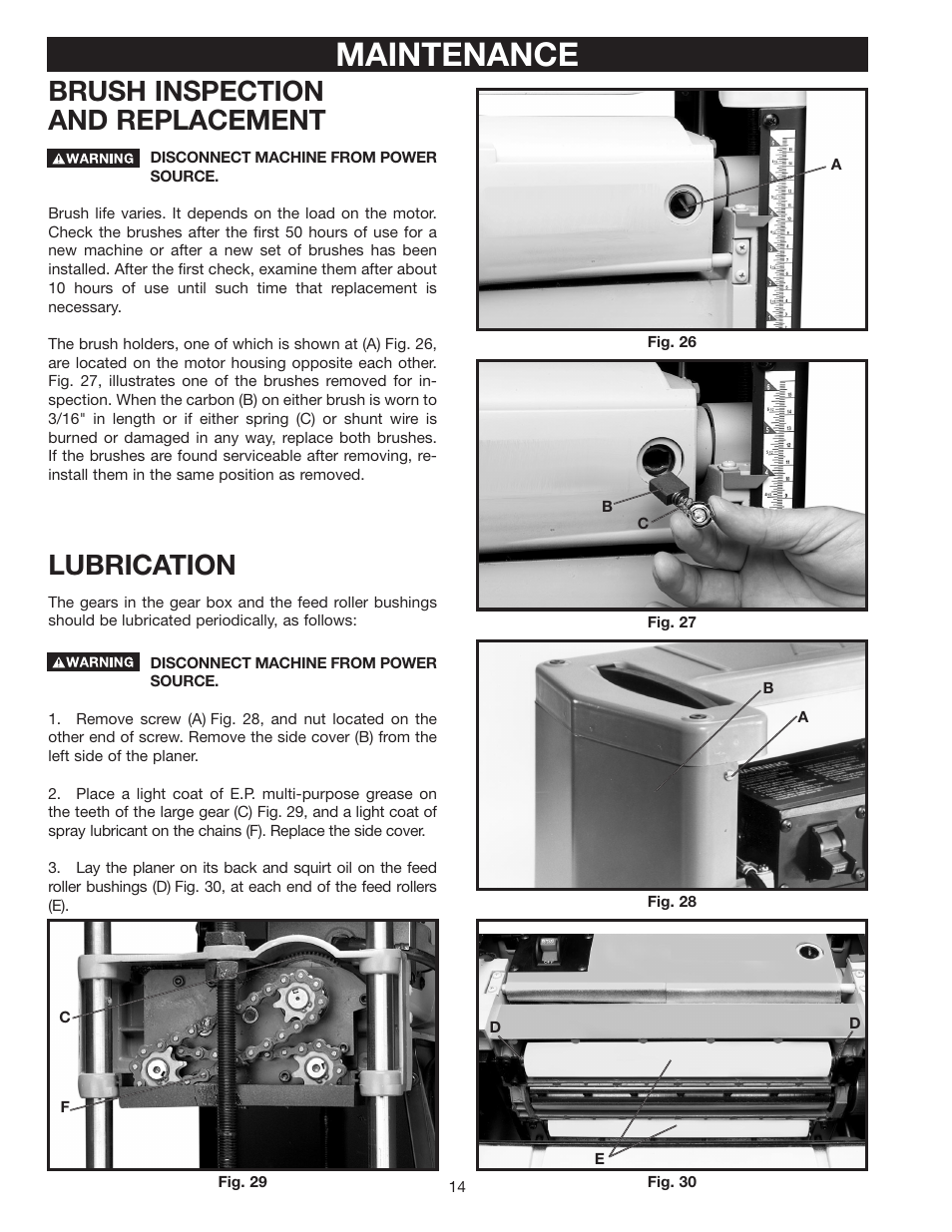 Maintenance, Brush inspection and replacement, Lubrication | Delta TP300 User Manual | Page 14 / 17