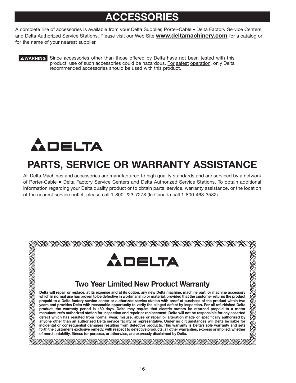 Parts, service or warranty assistance, Accessories, Two year limited new product warranty | Delta TP300 User Manual | Page 16 / 17