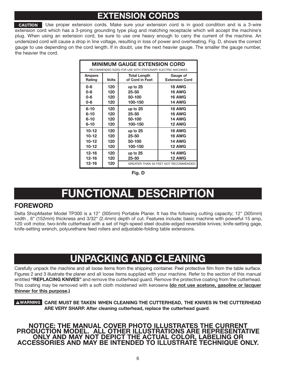 Functional description, Unpacking and cleaning, Extension cords | Foreword | Delta TP300 User Manual | Page 6 / 17