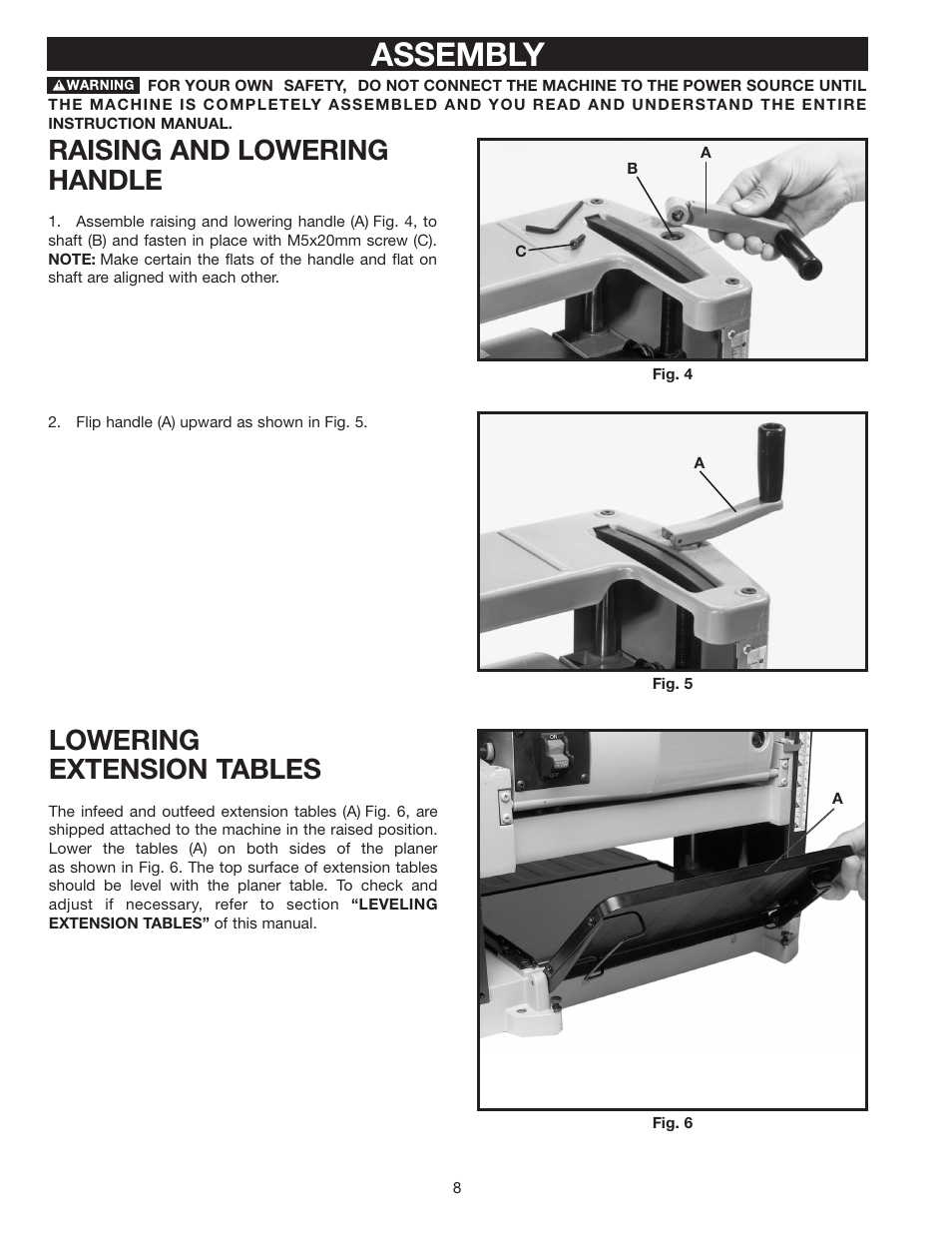 Assembly, Raising and lowering handle, Lowering extension tables | Delta TP300 User Manual | Page 8 / 17