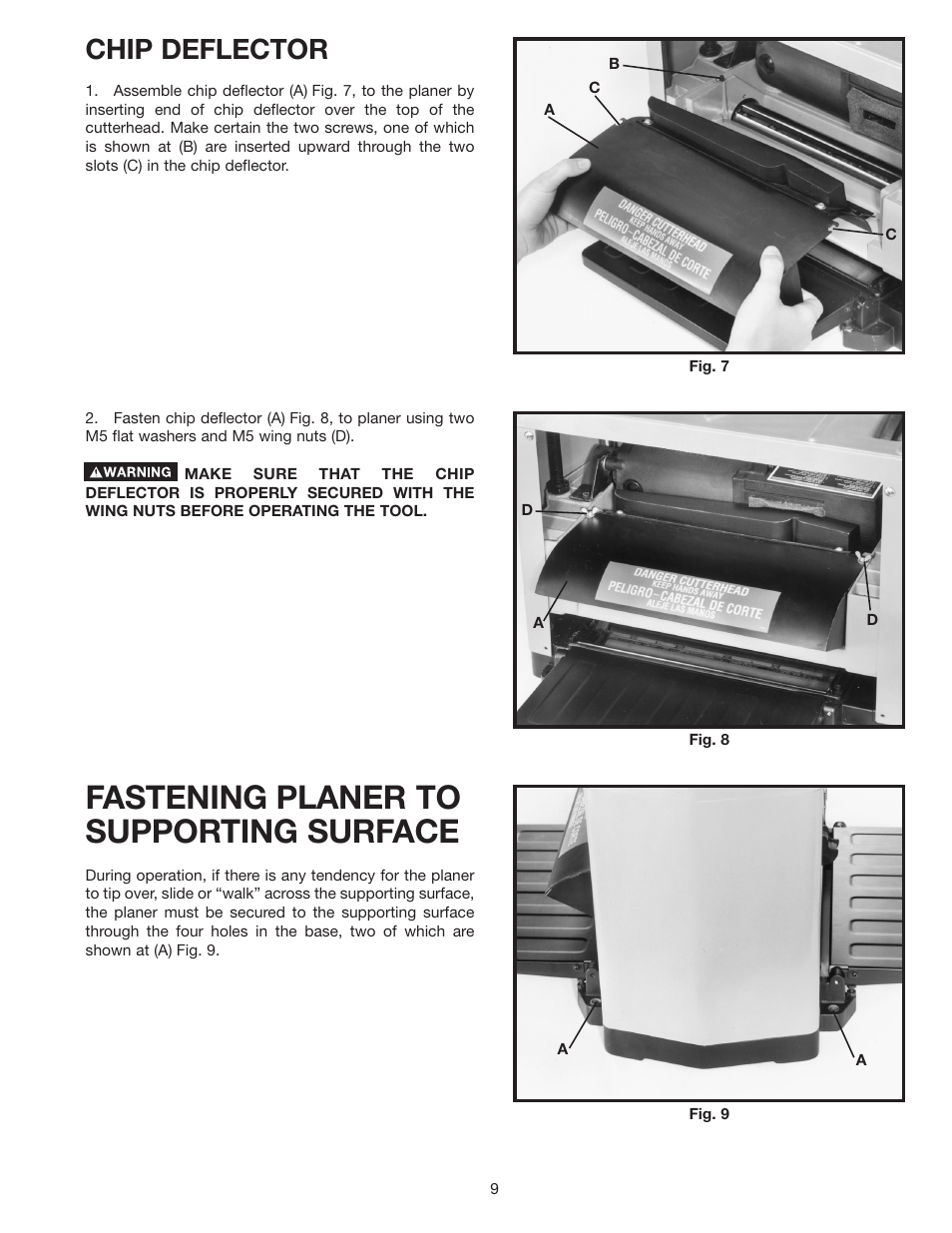 Fastening planer to supporting surface, Chip deflector | Delta TP300 User Manual | Page 9 / 17