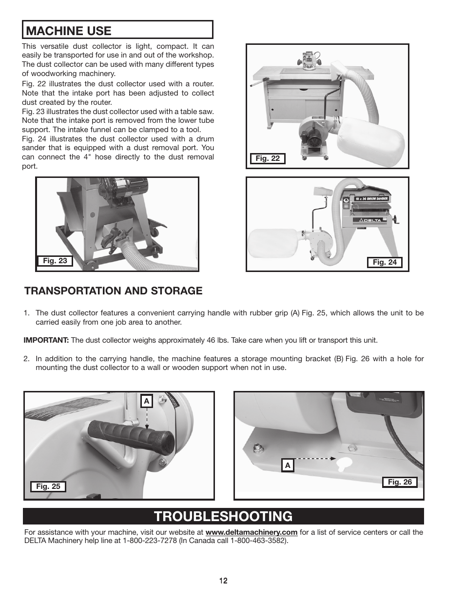 Troubleshooting, Machine use, Transportation and storage | Delta 36-978 User Manual | Page 12 / 40