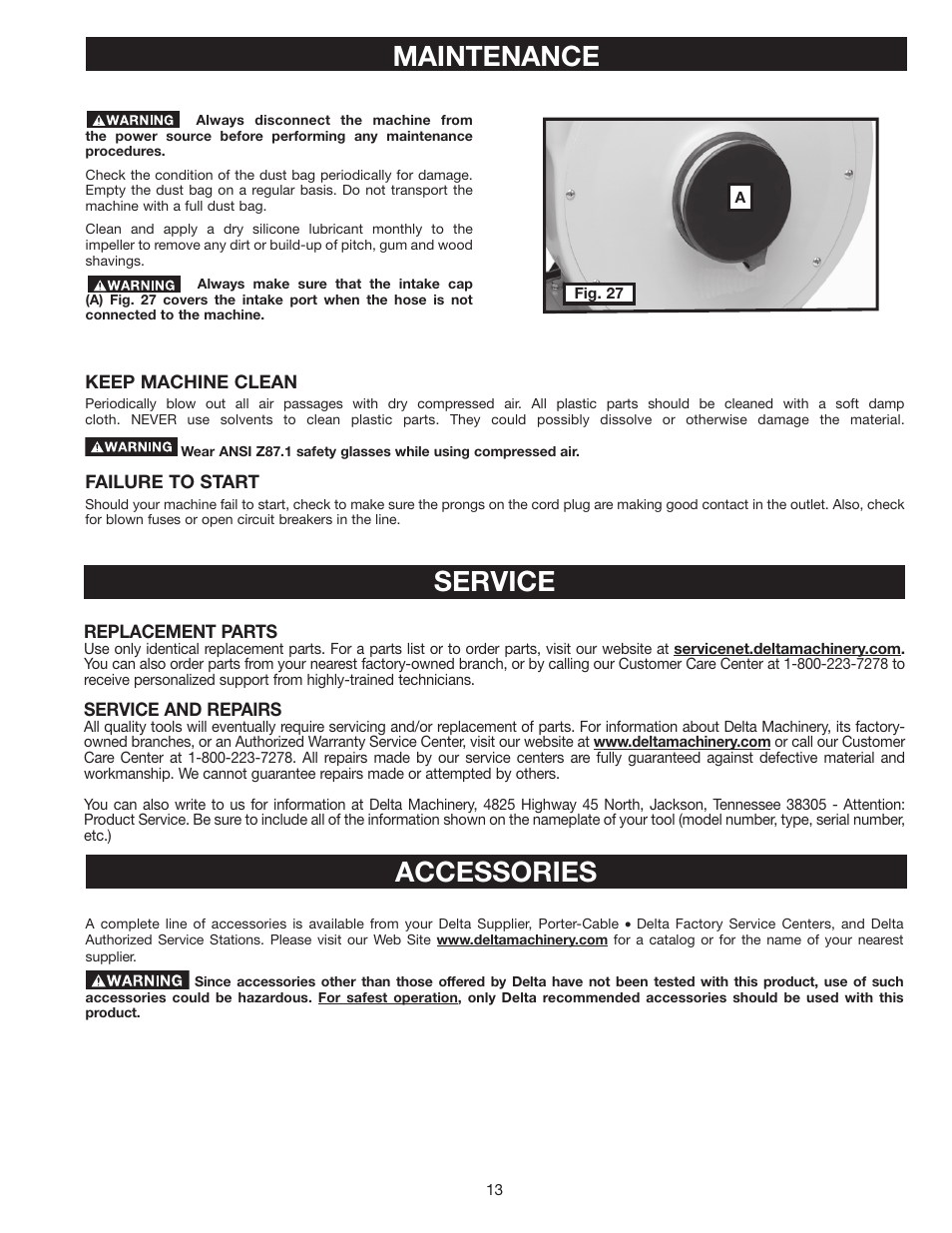 Maintenance, Accessories service | Delta 36-978 User Manual | Page 13 / 40