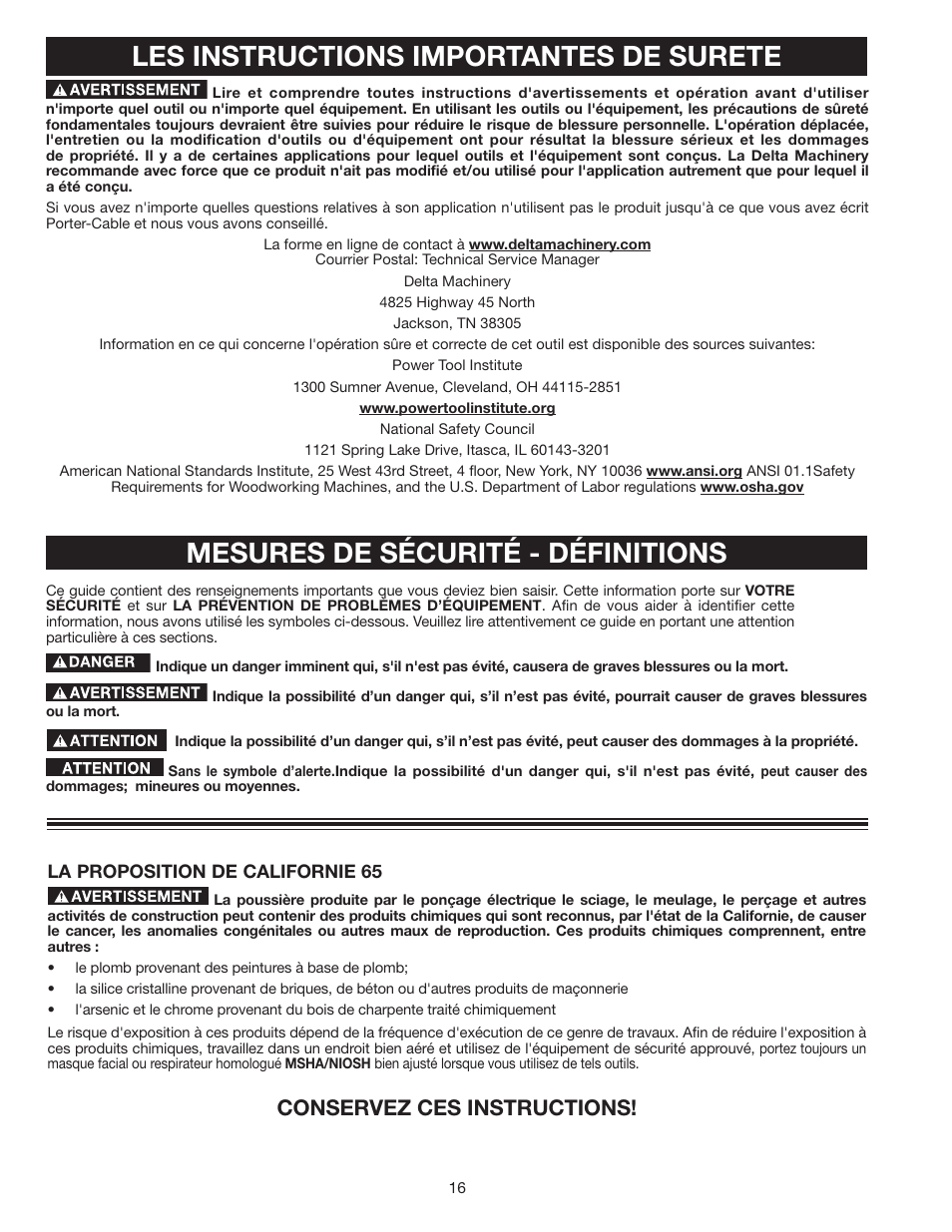 Mesures de sécurité - définitions, Les instructions importantes de surete, Conservez ces instructions | Delta 36-978 User Manual | Page 16 / 40