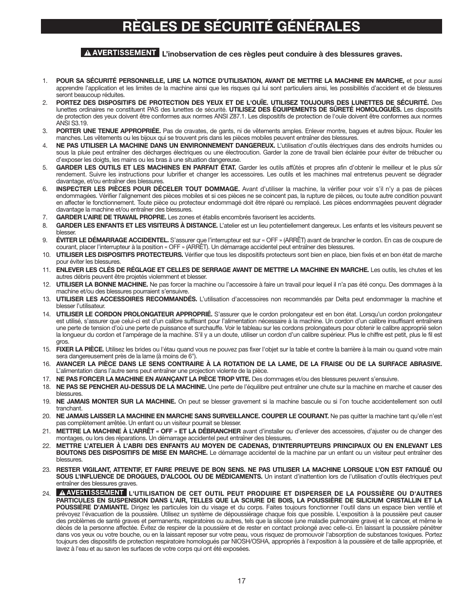 Règles de sécurité générales | Delta 36-978 User Manual | Page 17 / 40