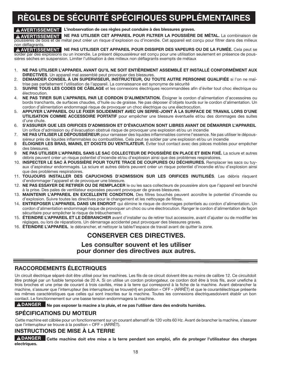 Règles de sécurité spécifiques supplémentaires | Delta 36-978 User Manual | Page 18 / 40