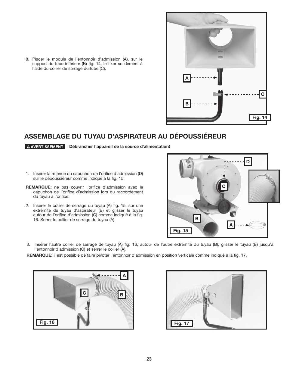 Assemblage du tuyau d’aspirateur au dépoussiéreur | Delta 36-978 User Manual | Page 23 / 40