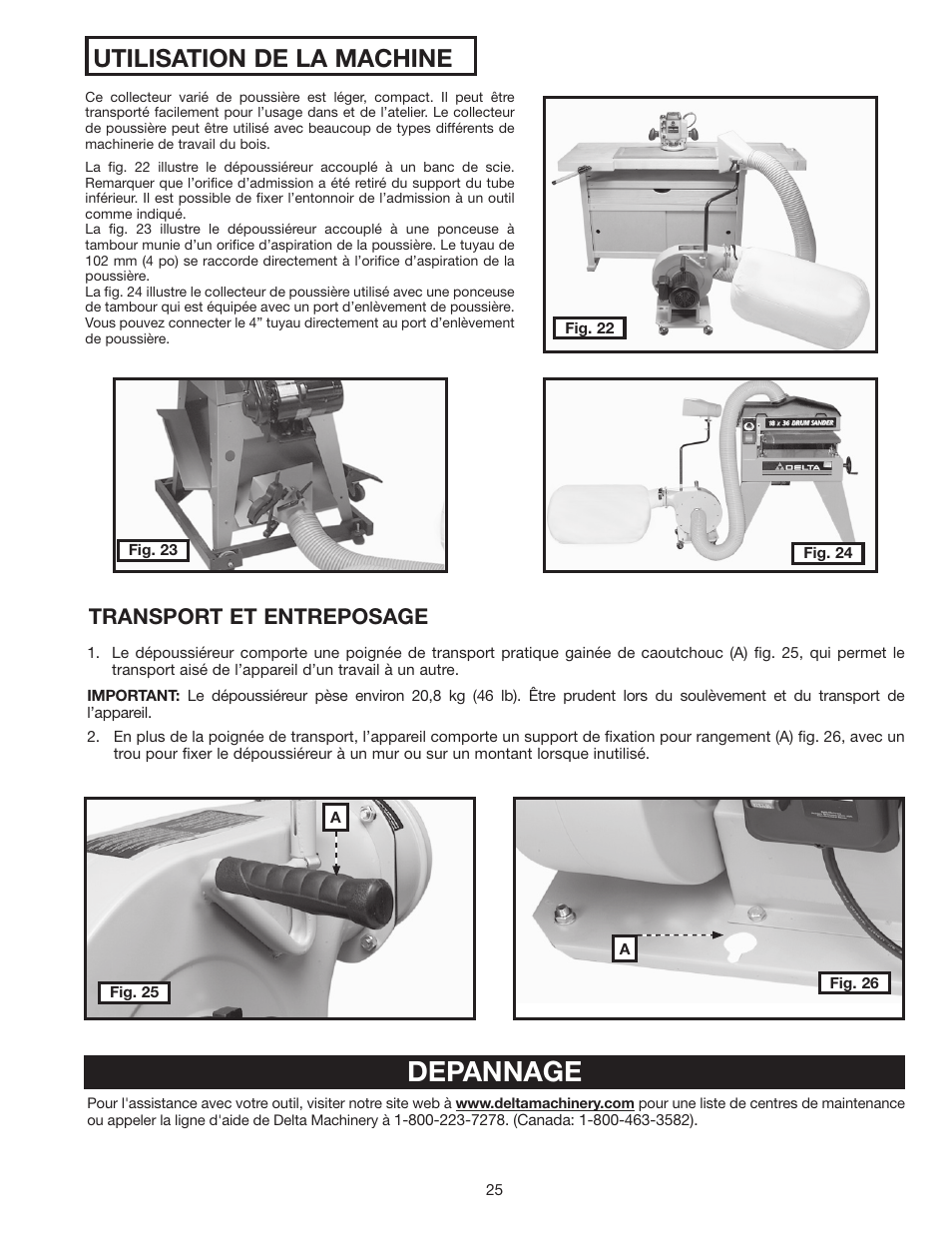 Depannage, Utilisation de la machine, Transport et entreposage | Delta 36-978 User Manual | Page 25 / 40
