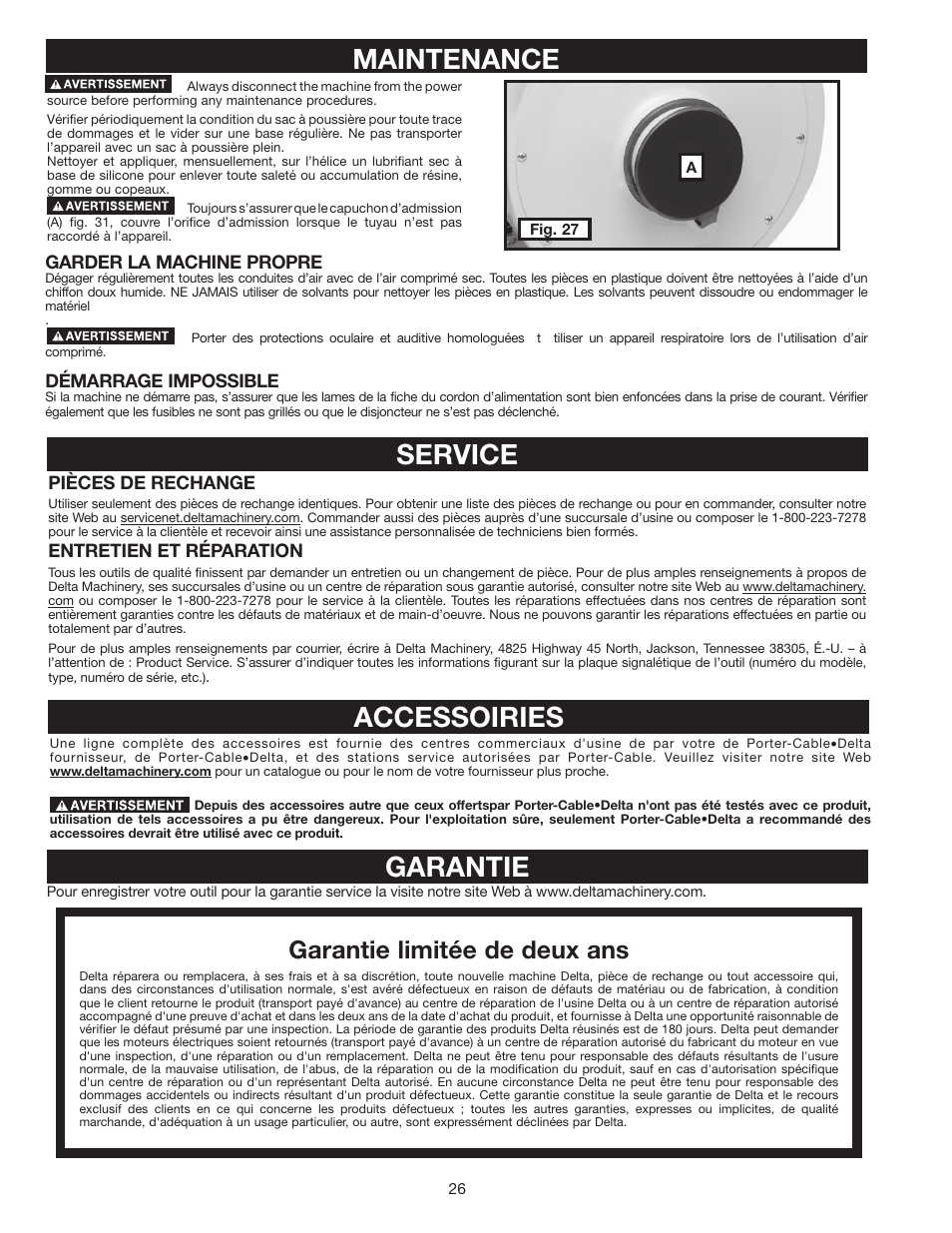 Maintenance, Service, Accessoiries garantie | Garantie limitée de deux ans | Delta 36-978 User Manual | Page 26 / 40
