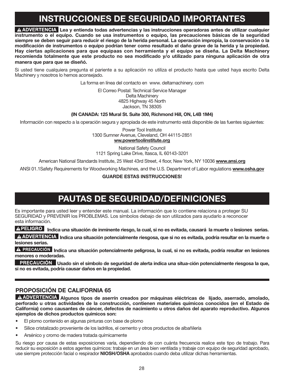 Pautas de seguridad/definiciones, Instrucciones de seguridad importantes | Delta 36-978 User Manual | Page 28 / 40