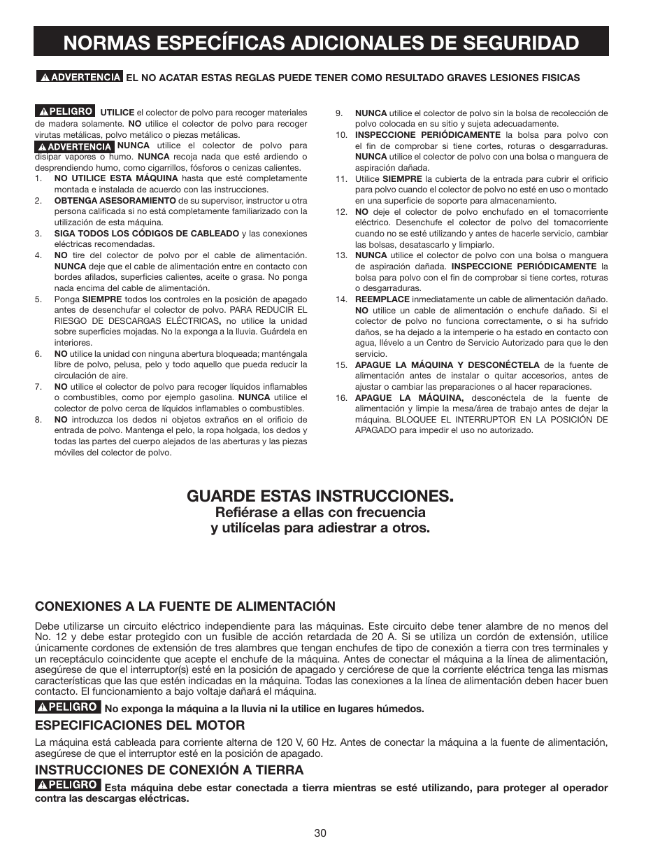 Normas específicas adicionales de seguridad, Guarde estas instrucciones, Conexiones a la fuente de alimentación | Especificaciones del motor, Instrucciones de conexión a tierra | Delta 36-978 User Manual | Page 30 / 40