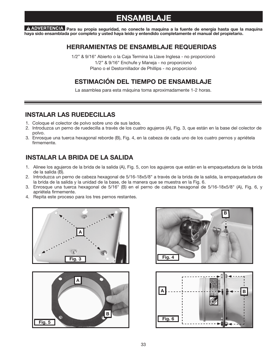 Ensamblaje, Instalar las ruedecillas, Instalar la brida de la salida | Estimación del tiempo de ensamblaje, Herramientas de ensamblaje requeridas | Delta 36-978 User Manual | Page 33 / 40