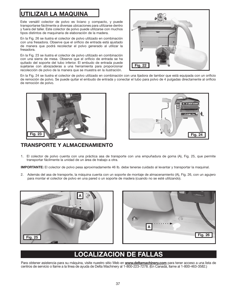 Localizacion de fallas, Utilizar la maquina, Transporte y almacenamiento | Delta 36-978 User Manual | Page 37 / 40