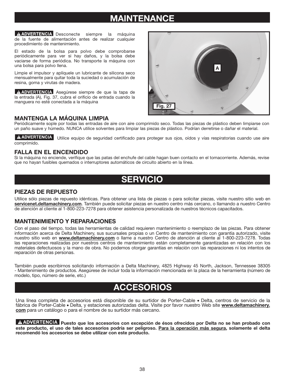 Maintenance, Servicio, Accesorios | Delta 36-978 User Manual | Page 38 / 40