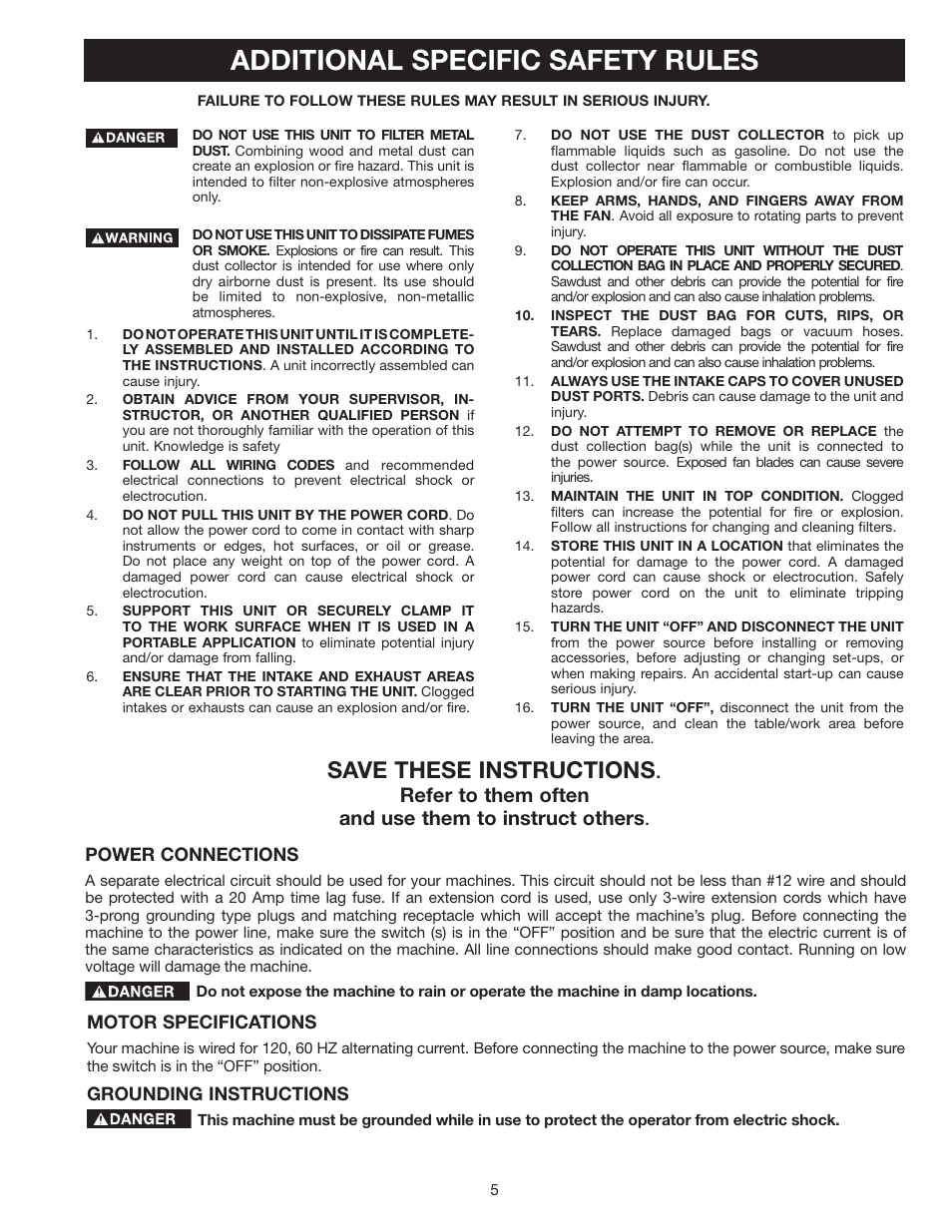 Additional specific safety rules, Save these instructions | Delta 36-978 User Manual | Page 5 / 40