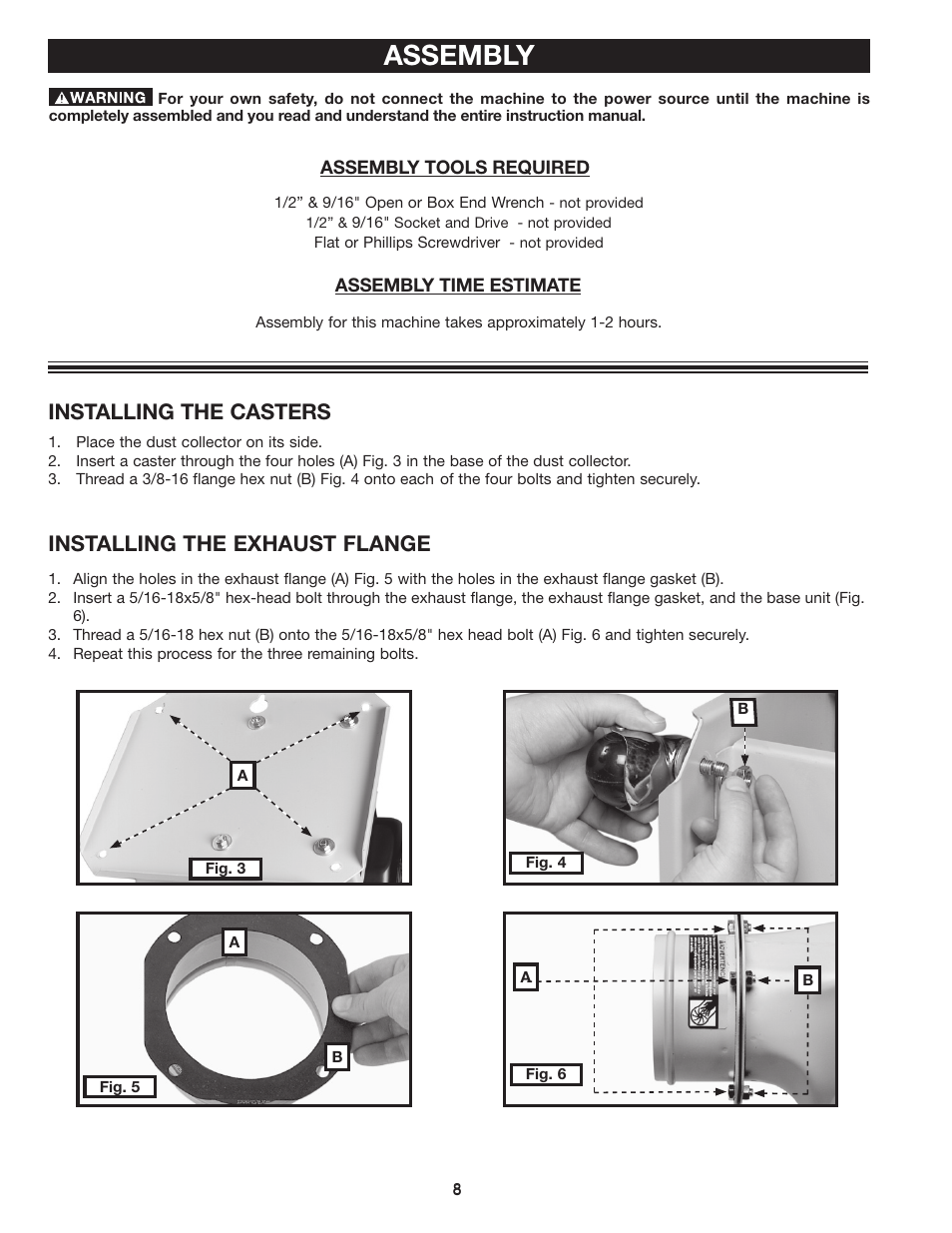 Assembly, Installing the casters, Installing the exhaust flange | Delta 36-978 User Manual | Page 8 / 40