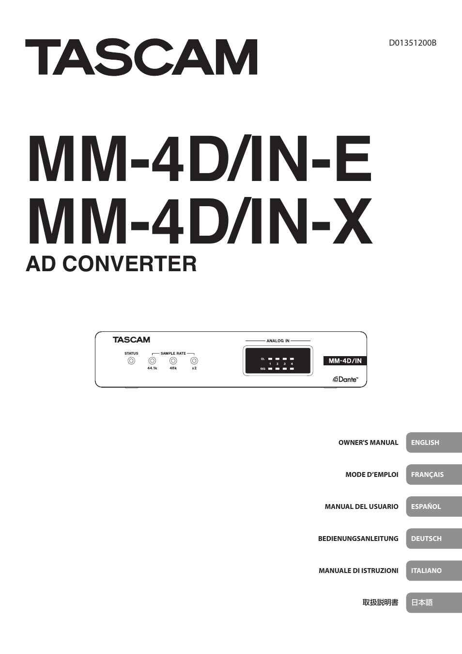 Tascam MM-4D/IN-E 4-Channel Mic/Line Input Dante Converter with Built-In DSP Mixer User Manual | 82 pages