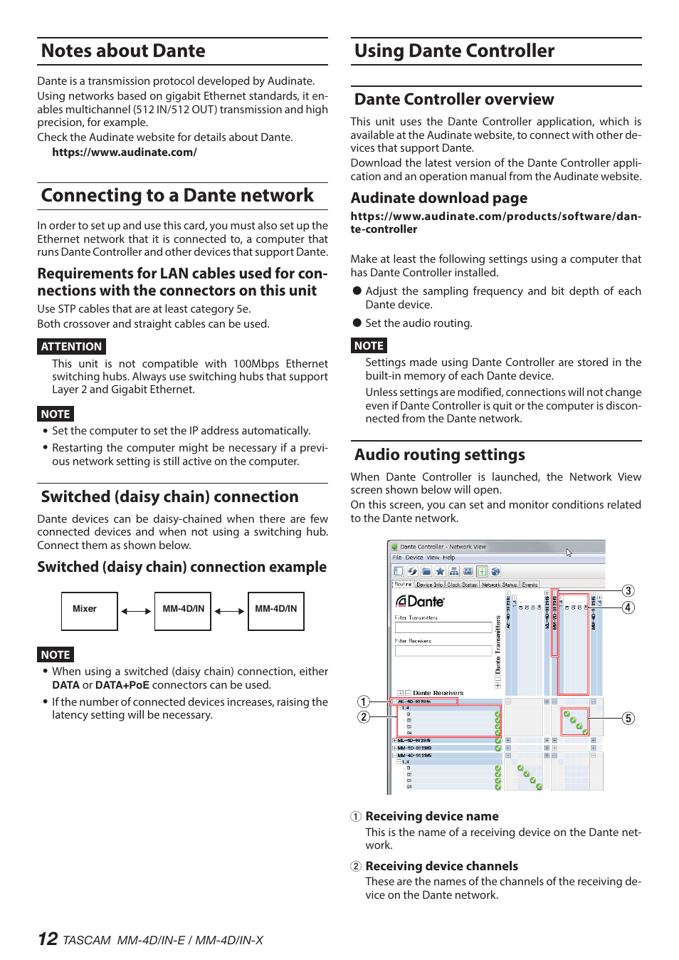 Notes about dante, Connecting to a dante network, Switched (daisy chain) connection | Using dante controller, Dante controller overview, Audio routing settings, Notes about dante connecting to a dante network, Dante controller overview audio routing settings, Switched (daisy chain) connection example, Audinate download page | Tascam MM-4D/IN-E 4-Channel Mic/Line Input Dante Converter with Built-In DSP Mixer User Manual | Page 12 / 82