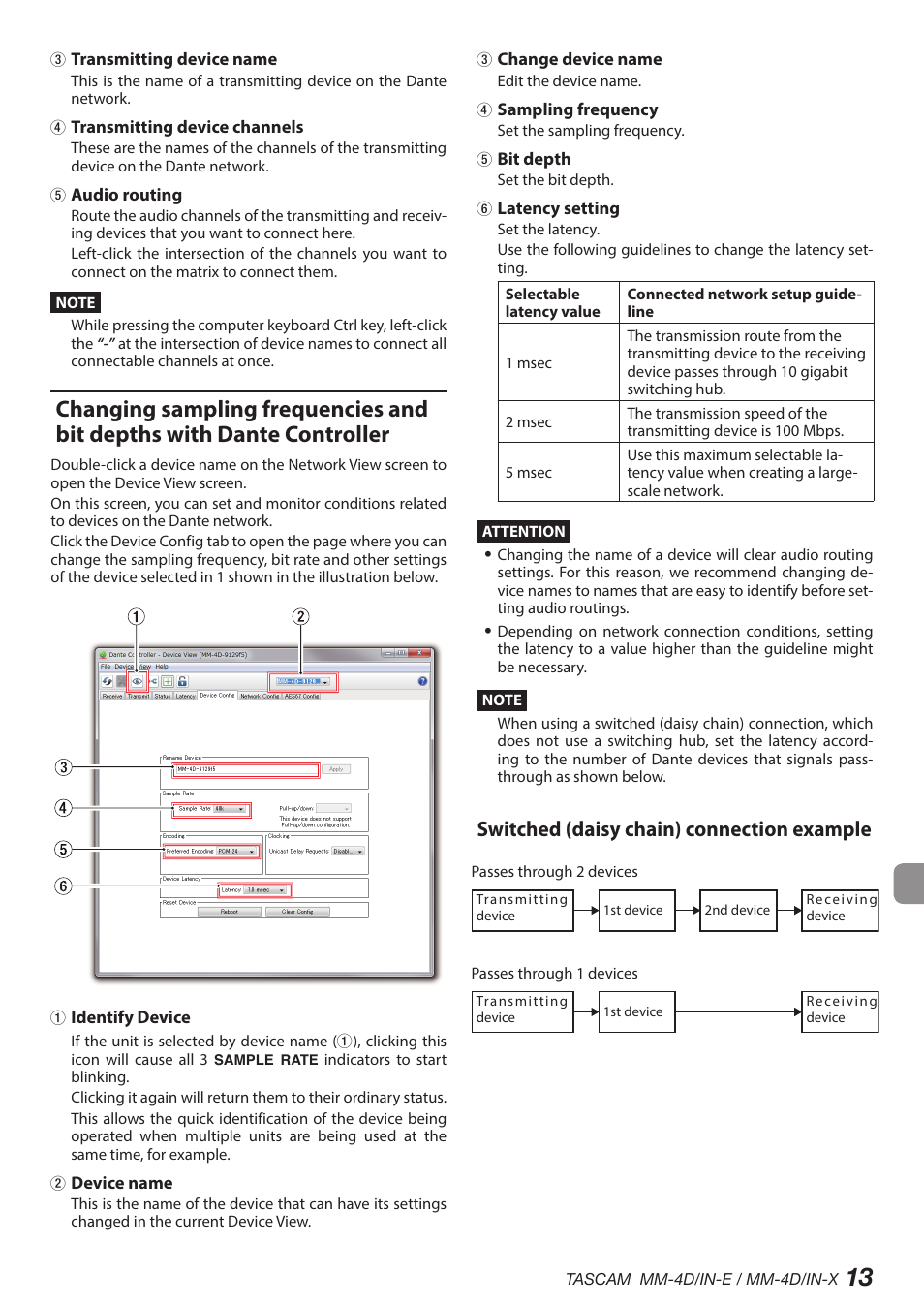 Changing sampling frequencies and bit depths with, Dante controller, Switched (daisy chain) connection example | Tascam MM-4D/IN-E 4-Channel Mic/Line Input Dante Converter with Built-In DSP Mixer User Manual | Page 13 / 82