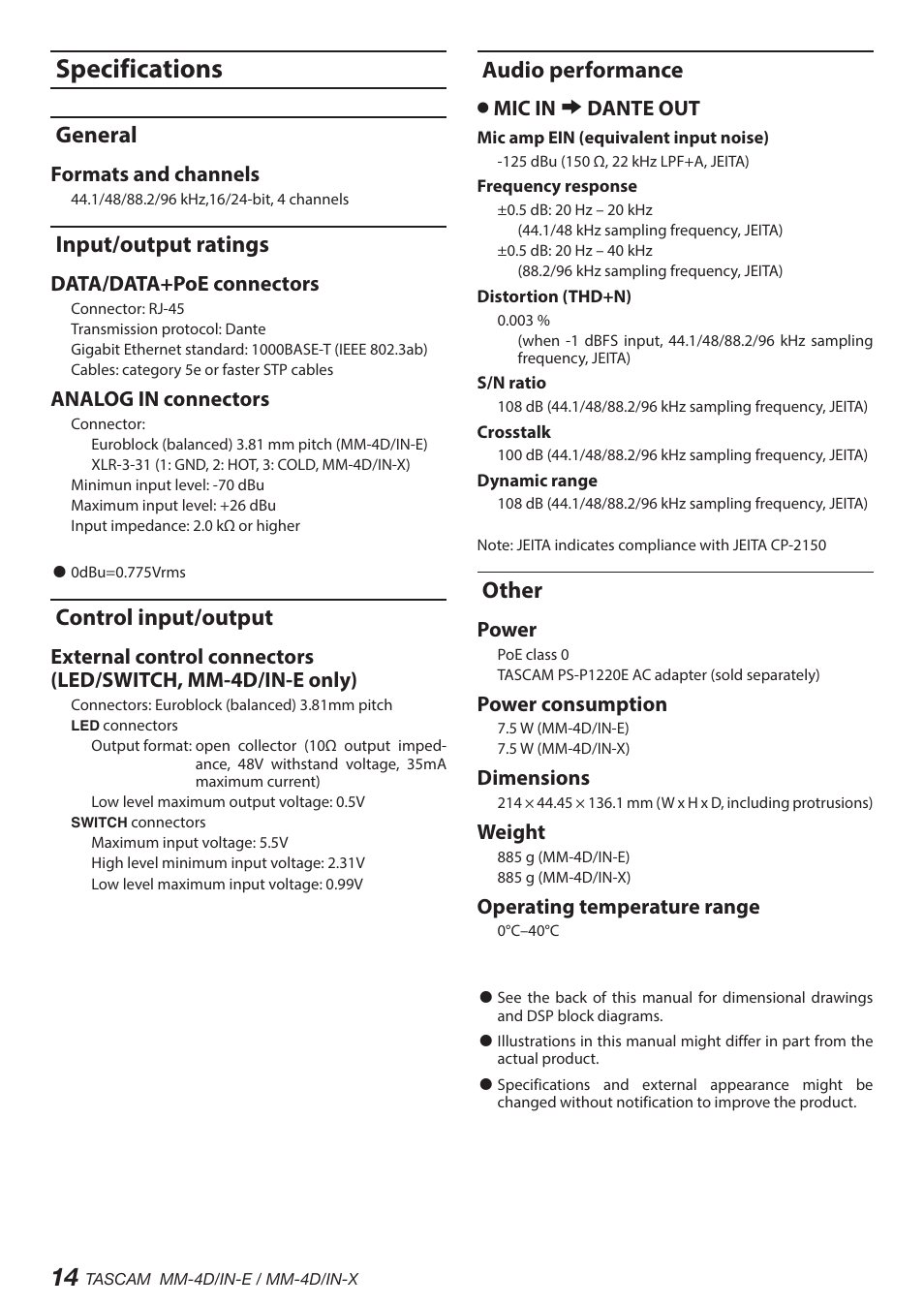 Specifications, General, Input/output ratings | Control input/output, Audio performance, Other, Formats and channels, Data/data+poe connectors, Analog in connectors, Omic in e dante out | Tascam MM-4D/IN-E 4-Channel Mic/Line Input Dante Converter with Built-In DSP Mixer User Manual | Page 14 / 82
