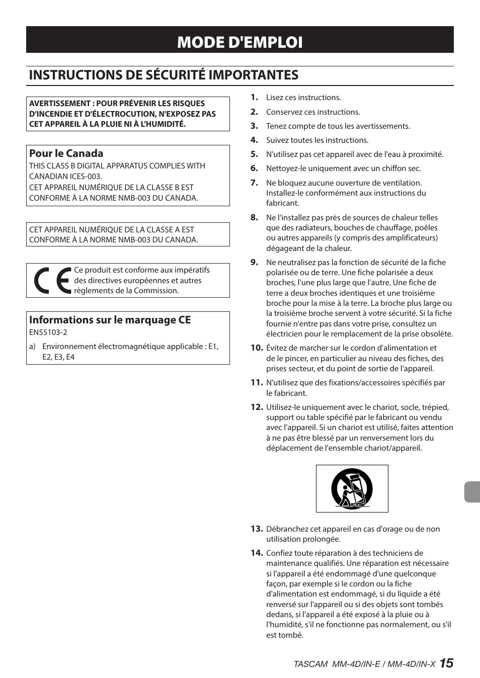 Français, Instructions de sécurité importantes, Mode d'emploi | Pour le canada, Informations sur le marquage ce | Tascam MM-4D/IN-E 4-Channel Mic/Line Input Dante Converter with Built-In DSP Mixer User Manual | Page 15 / 82