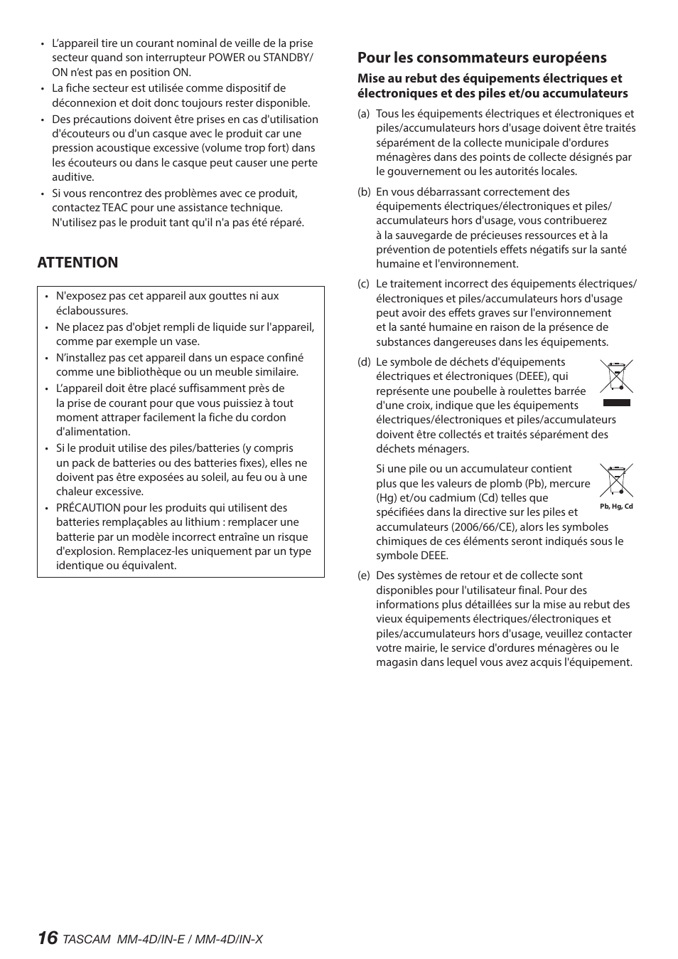 Attention, Pour les consommateurs européens | Tascam MM-4D/IN-E 4-Channel Mic/Line Input Dante Converter with Built-In DSP Mixer User Manual | Page 16 / 82