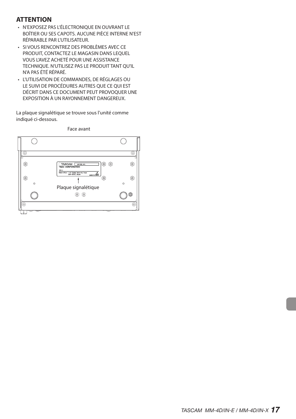 Attention | Tascam MM-4D/IN-E 4-Channel Mic/Line Input Dante Converter with Built-In DSP Mixer User Manual | Page 17 / 82