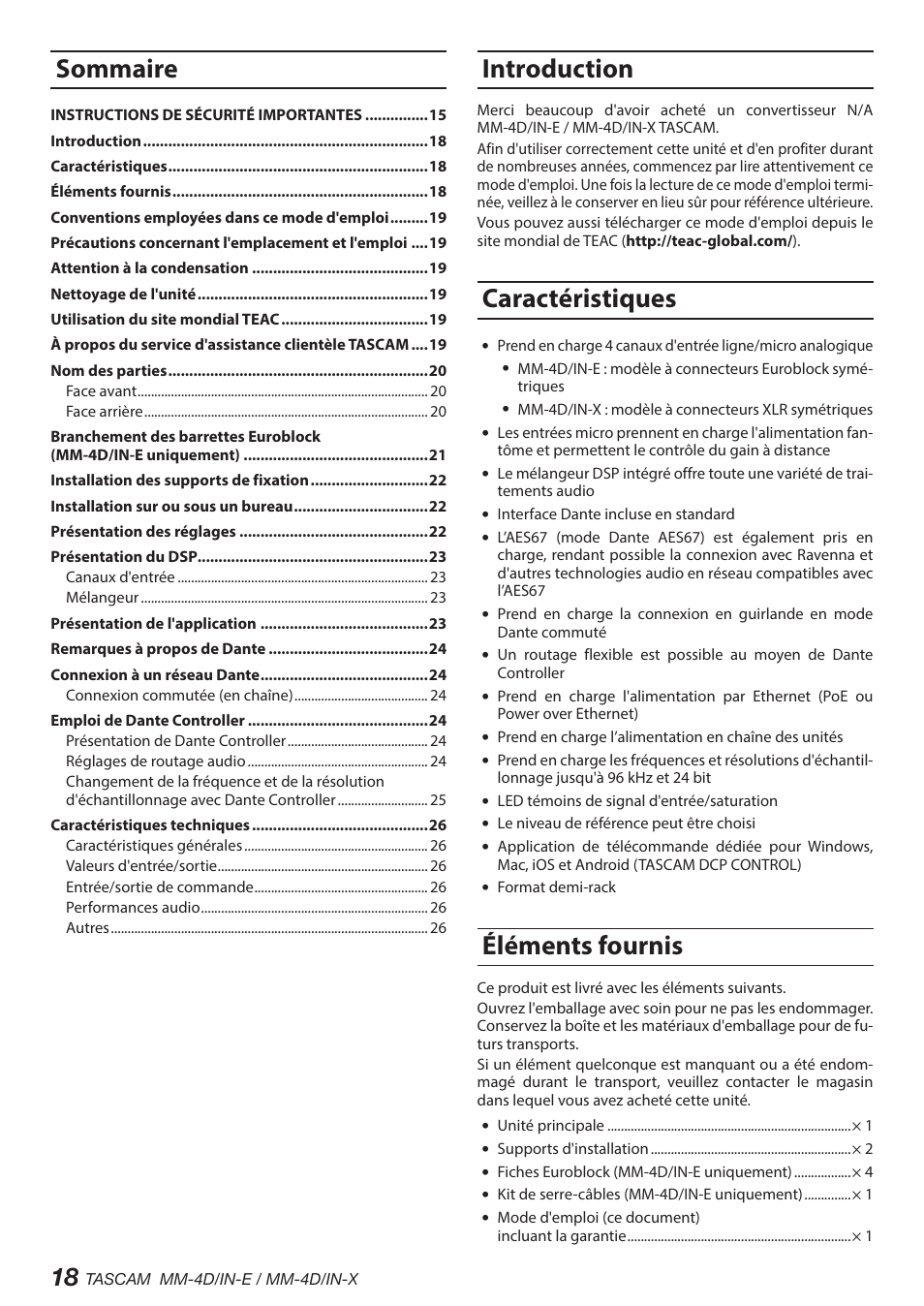 Introduction, Caractéristiques, Éléments fournis | Sommaire | Tascam MM-4D/IN-E 4-Channel Mic/Line Input Dante Converter with Built-In DSP Mixer User Manual | Page 18 / 82
