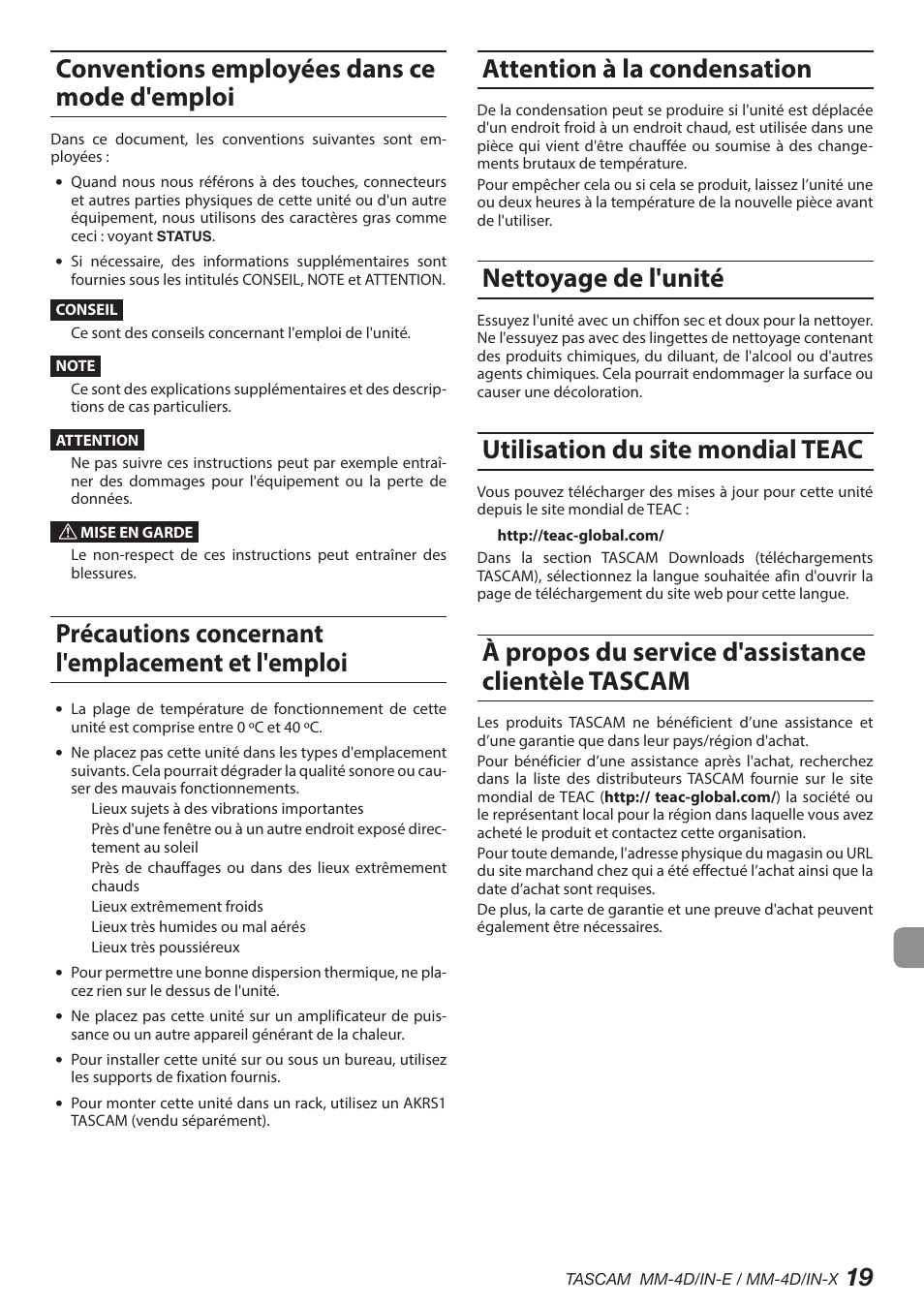 Conventions employées dans ce mode d'emploi, Précautions concernant l'emplacement et l'emploi, Attention à la condensation | Nettoyage de l'unité, Utilisation du site mondial teac, À propos du service d'assistance clientèle tascam | Tascam MM-4D/IN-E 4-Channel Mic/Line Input Dante Converter with Built-In DSP Mixer User Manual | Page 19 / 82