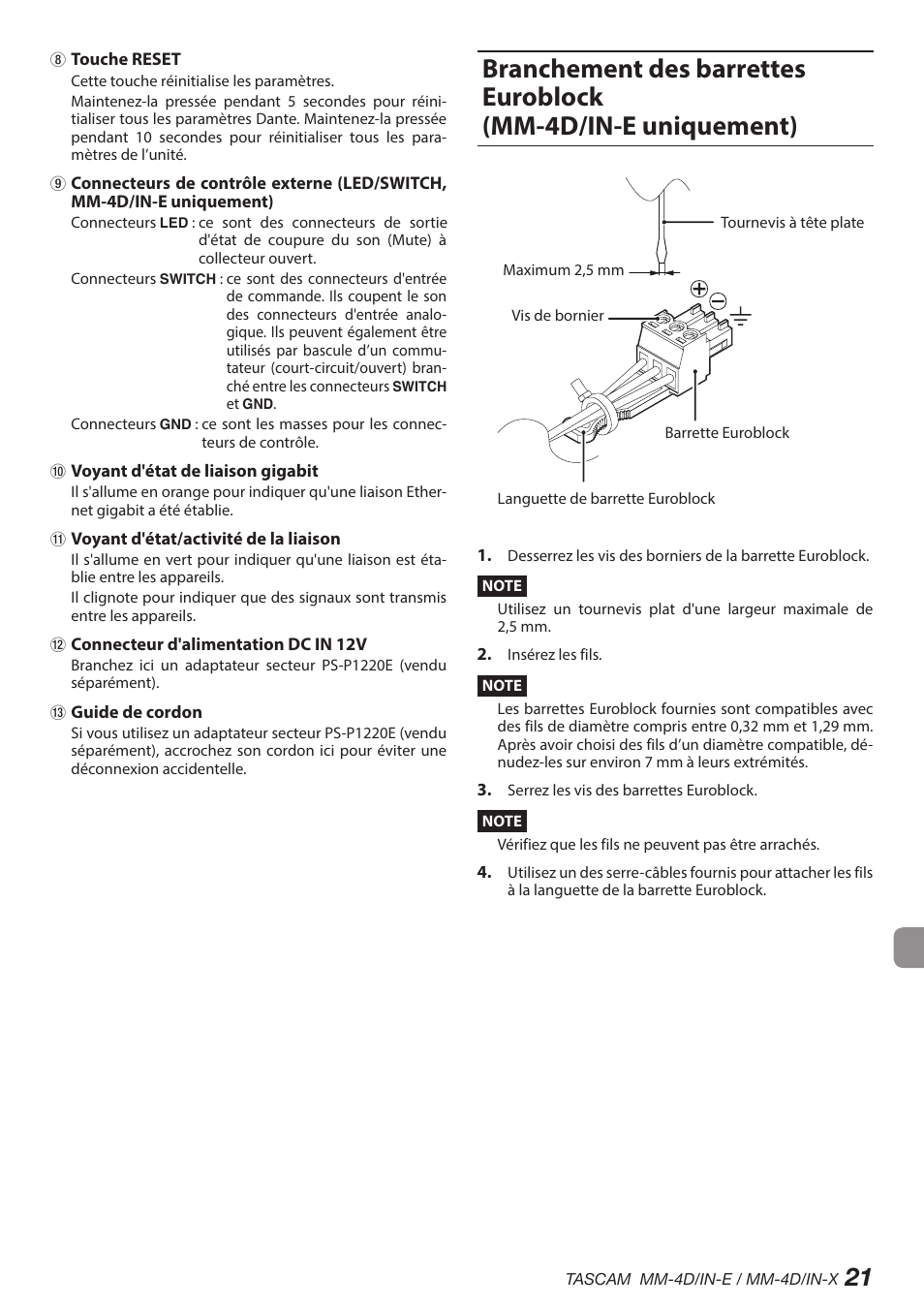 Branchement des barrettes euroblock, Mm-4d/in-e uniquement) | Tascam MM-4D/IN-E 4-Channel Mic/Line Input Dante Converter with Built-In DSP Mixer User Manual | Page 21 / 82