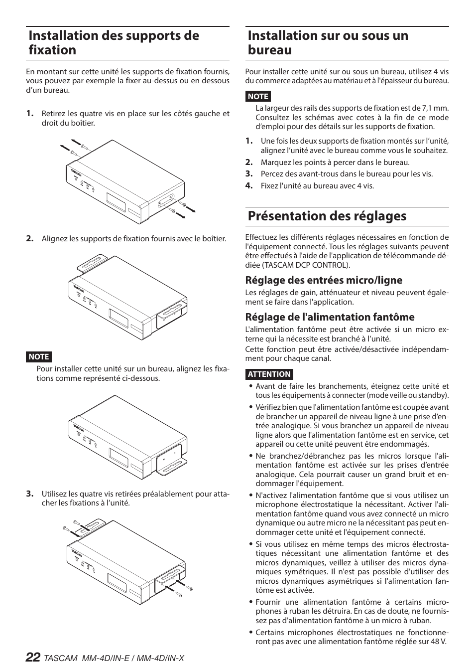 Installation des supports de fixation, Installation sur ou sous un bureau, Présentation des réglages | Réglage des entrées micro/ligne, Réglage de l'alimentation fantôme | Tascam MM-4D/IN-E 4-Channel Mic/Line Input Dante Converter with Built-In DSP Mixer User Manual | Page 22 / 82