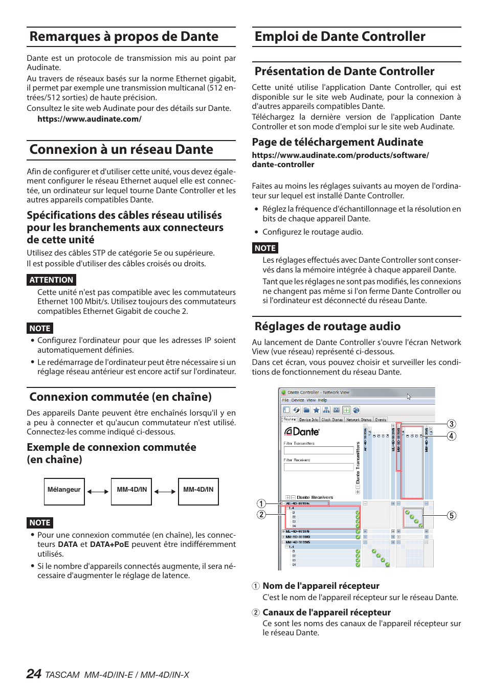 Remarques à propos de dante, Connexion à un réseau dante, Connexion commutée (en chaîne) | Emploi de dante controller, Présentation de dante controller, Réglages de routage audio, Exemple de connexion commutée (en chaîne), Page de téléchargement audinate | Tascam MM-4D/IN-E 4-Channel Mic/Line Input Dante Converter with Built-In DSP Mixer User Manual | Page 24 / 82