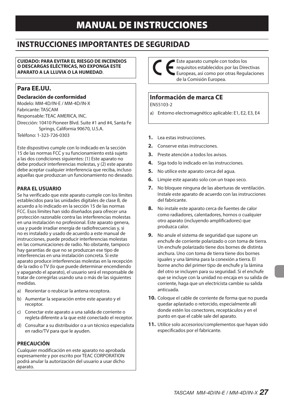 Español, Instrucciones importantes de seguridad, Manual de instrucciones | Para ee.uu, Información de marca ce | Tascam MM-4D/IN-E 4-Channel Mic/Line Input Dante Converter with Built-In DSP Mixer User Manual | Page 27 / 82