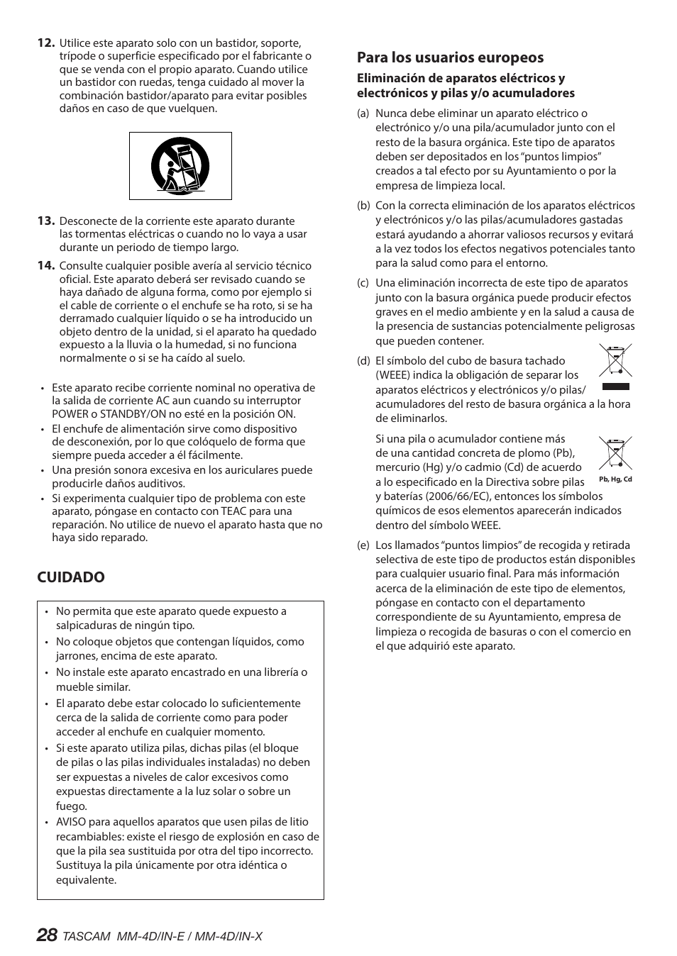 Cuidado, Para los usuarios europeos | Tascam MM-4D/IN-E 4-Channel Mic/Line Input Dante Converter with Built-In DSP Mixer User Manual | Page 28 / 82