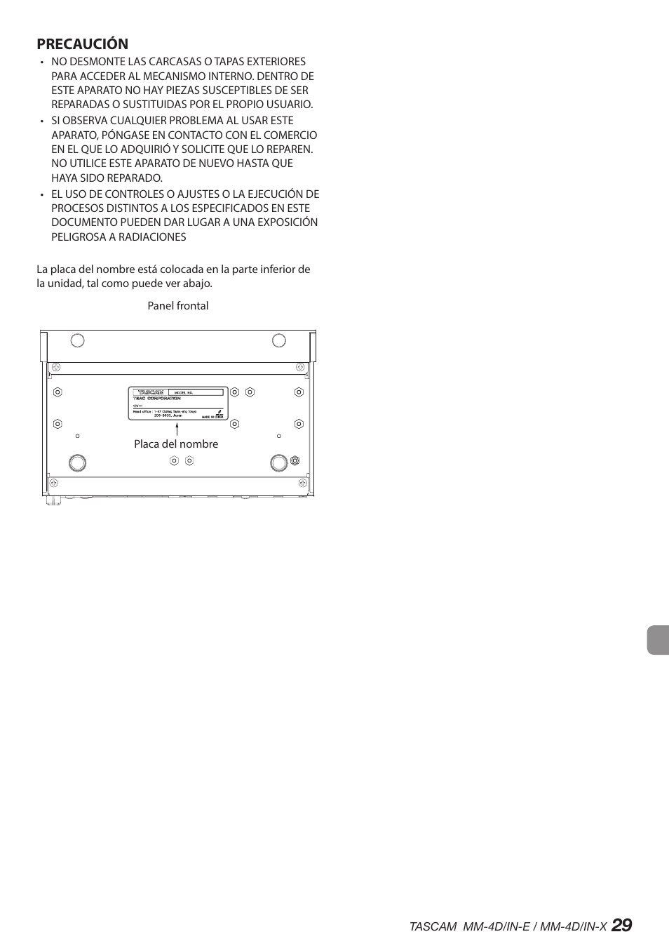 Precaución | Tascam MM-4D/IN-E 4-Channel Mic/Line Input Dante Converter with Built-In DSP Mixer User Manual | Page 29 / 82