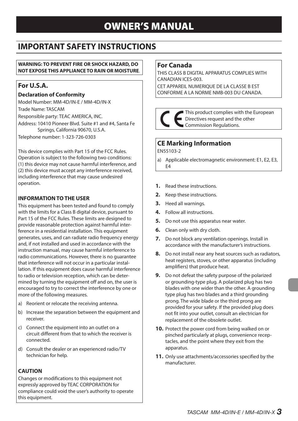 English, Important safety instructions, Owner’s manual | For u.s.a, For canada, Ce marking information | Tascam MM-4D/IN-E 4-Channel Mic/Line Input Dante Converter with Built-In DSP Mixer User Manual | Page 3 / 82
