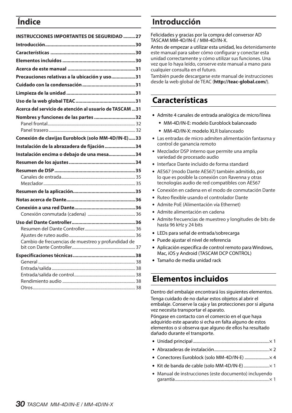 Introducción, Características, Elementos incluidos | Índice | Tascam MM-4D/IN-E 4-Channel Mic/Line Input Dante Converter with Built-In DSP Mixer User Manual | Page 30 / 82