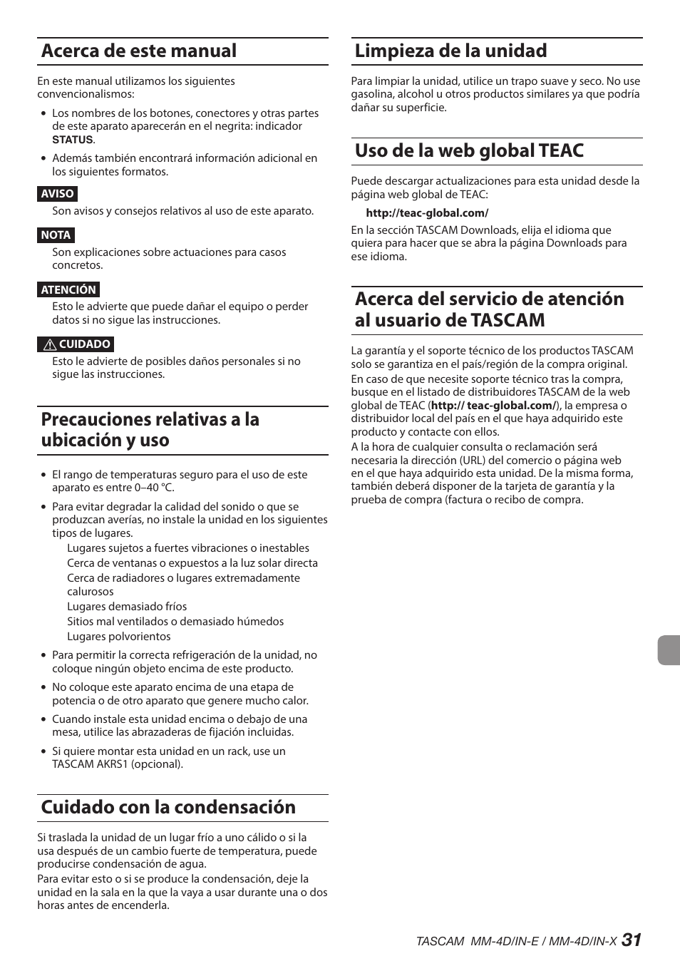 Acerca de este manual, Precauciones relativas a la ubicación y uso, Cuidado con la condensación | Limpieza de la unidad, Uso de la web global teac | Tascam MM-4D/IN-E 4-Channel Mic/Line Input Dante Converter with Built-In DSP Mixer User Manual | Page 31 / 82