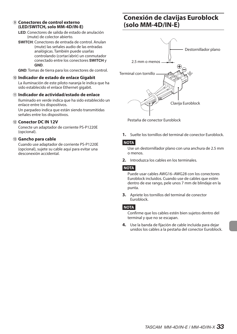 Conexión de clavijas euroblock (solo mm-4d/in-e) | Tascam MM-4D/IN-E 4-Channel Mic/Line Input Dante Converter with Built-In DSP Mixer User Manual | Page 33 / 82