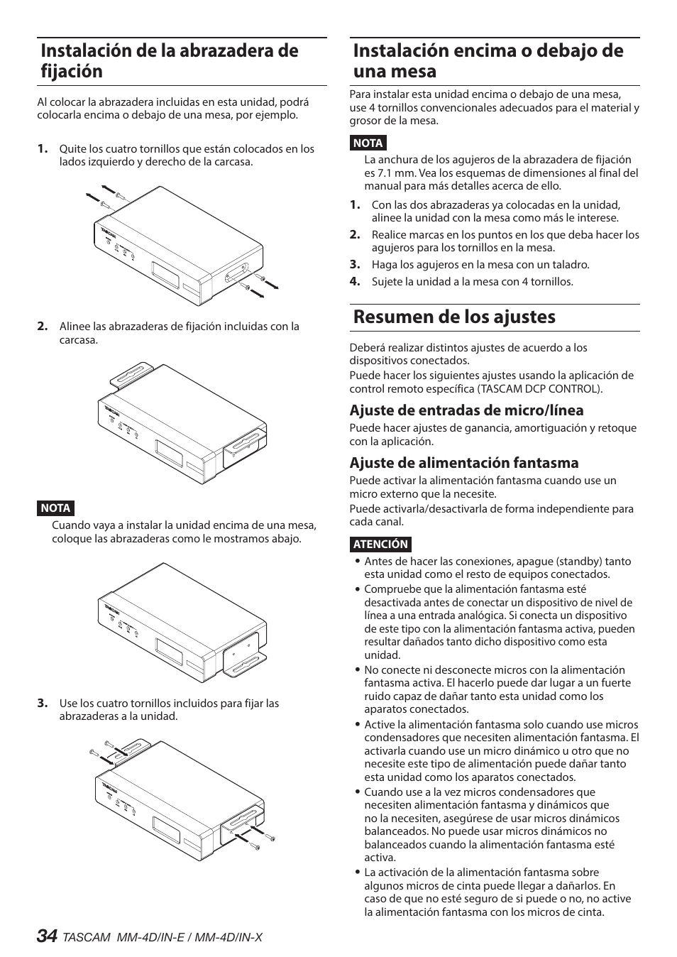 Instalación de la abrazadera de fijación, Instalación encima o debajo de una mesa, Resumen de los ajustes | Ajuste de entradas de micro/línea, Ajuste de alimentación fantasma | Tascam MM-4D/IN-E 4-Channel Mic/Line Input Dante Converter with Built-In DSP Mixer User Manual | Page 34 / 82