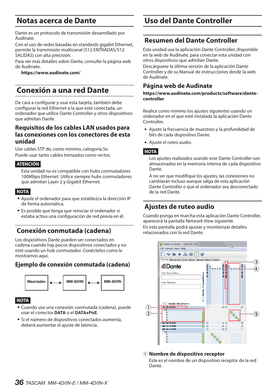 Notas acerca de dante, Conexión a una red dante, Conexión conmutada (cadena) | Uso del dante controller, Resumen del dante controller, Ajustes de ruteo audio, Notas acerca de dante conexión a una red dante, Ejemplo de conexión conmutada (cadena), Página web de audinate | Tascam MM-4D/IN-E 4-Channel Mic/Line Input Dante Converter with Built-In DSP Mixer User Manual | Page 36 / 82