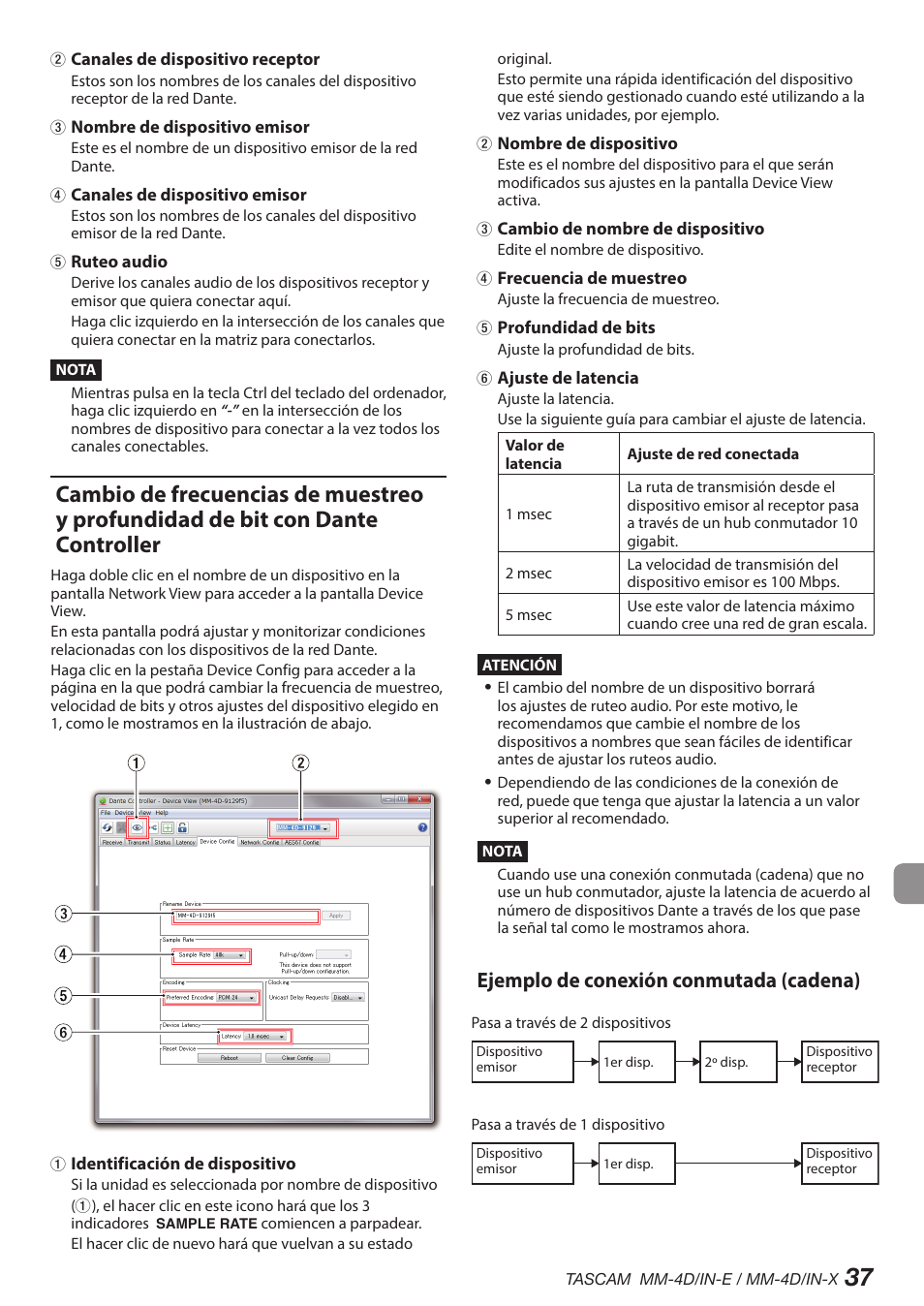 Cambio de frecuencias de muestreo y profundidad de, Bit con dante controller, Ejemplo de conexión conmutada (cadena) | Tascam MM-4D/IN-E 4-Channel Mic/Line Input Dante Converter with Built-In DSP Mixer User Manual | Page 37 / 82