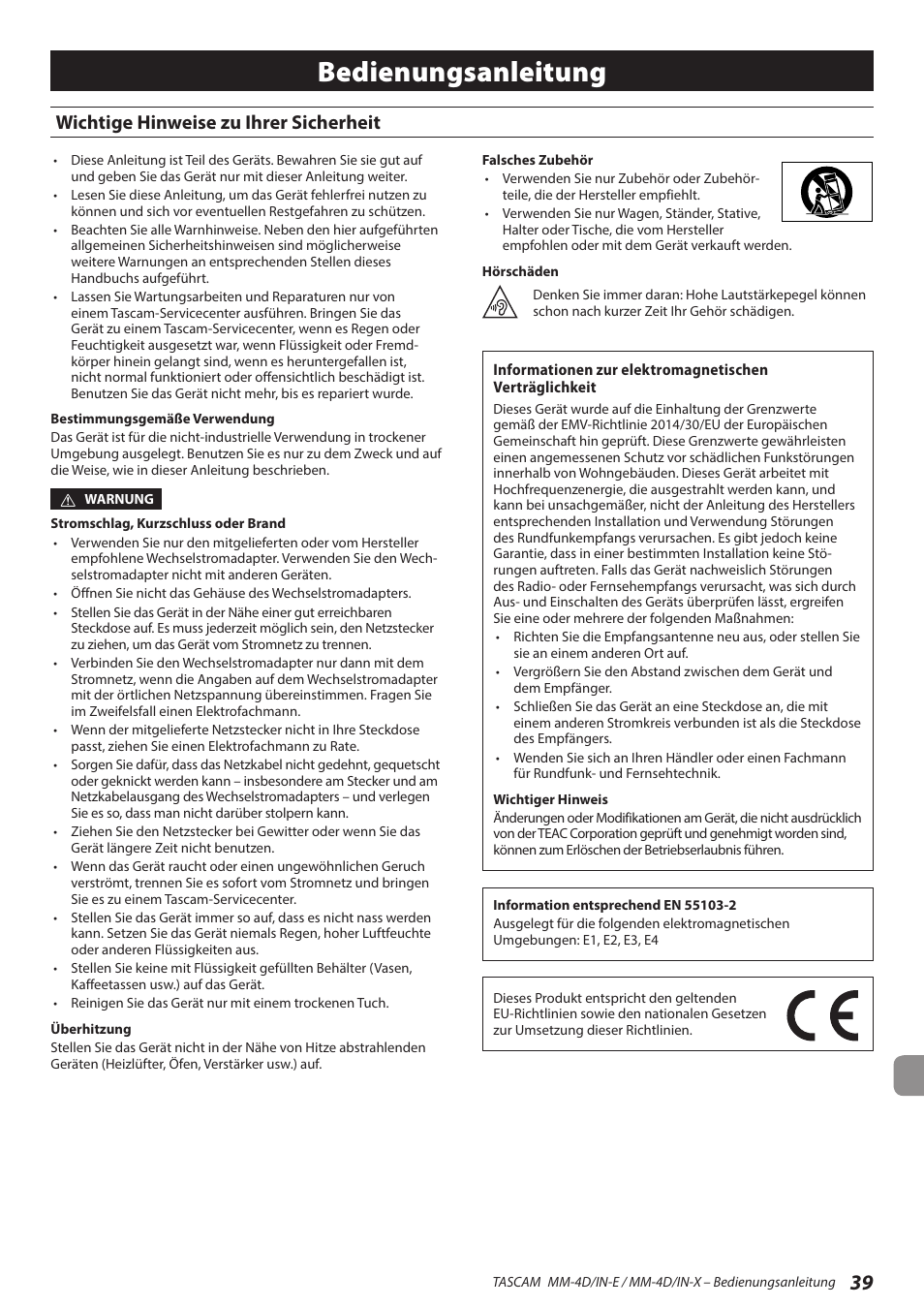 Deutsch, Wichtige hinweise zu ihrer sicherheit, Bedienungsanleitung | Tascam MM-4D/IN-E 4-Channel Mic/Line Input Dante Converter with Built-In DSP Mixer User Manual | Page 39 / 82